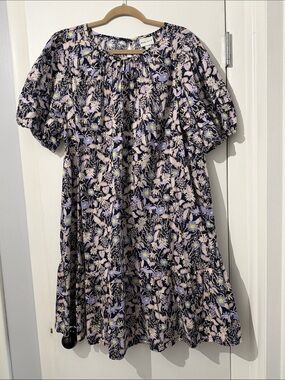 Ava & Viv Size X Floral Puff-Sleeve Kids Dress - Lavender/Navy Blue Floral